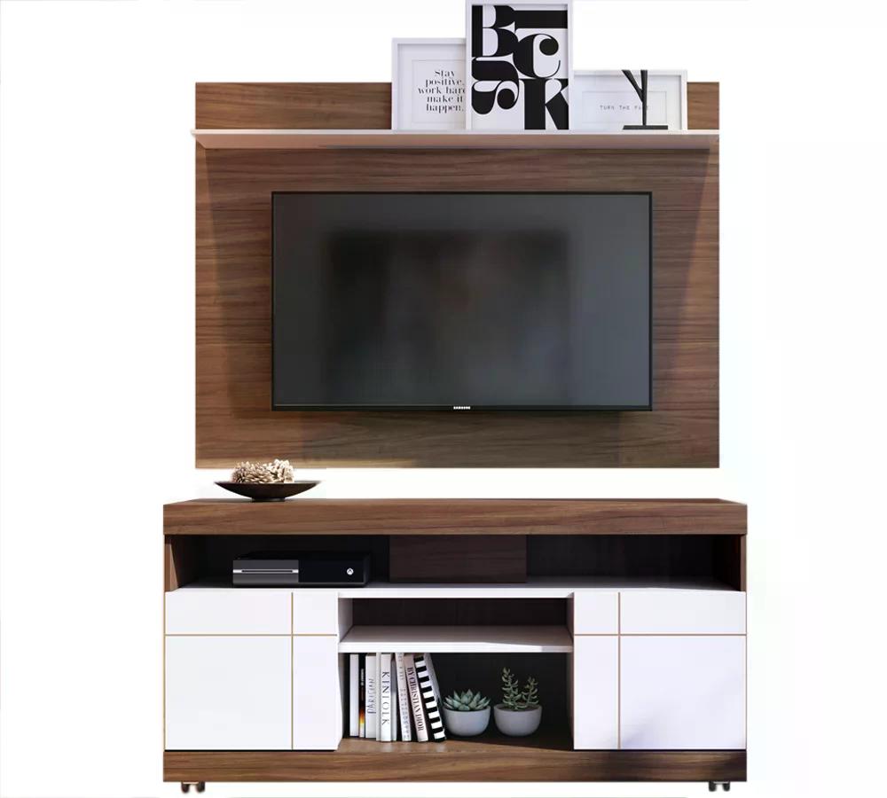 Rack Yara E Painel Maia Para TV 55 Polegadas Nogueira Real Off White CLB