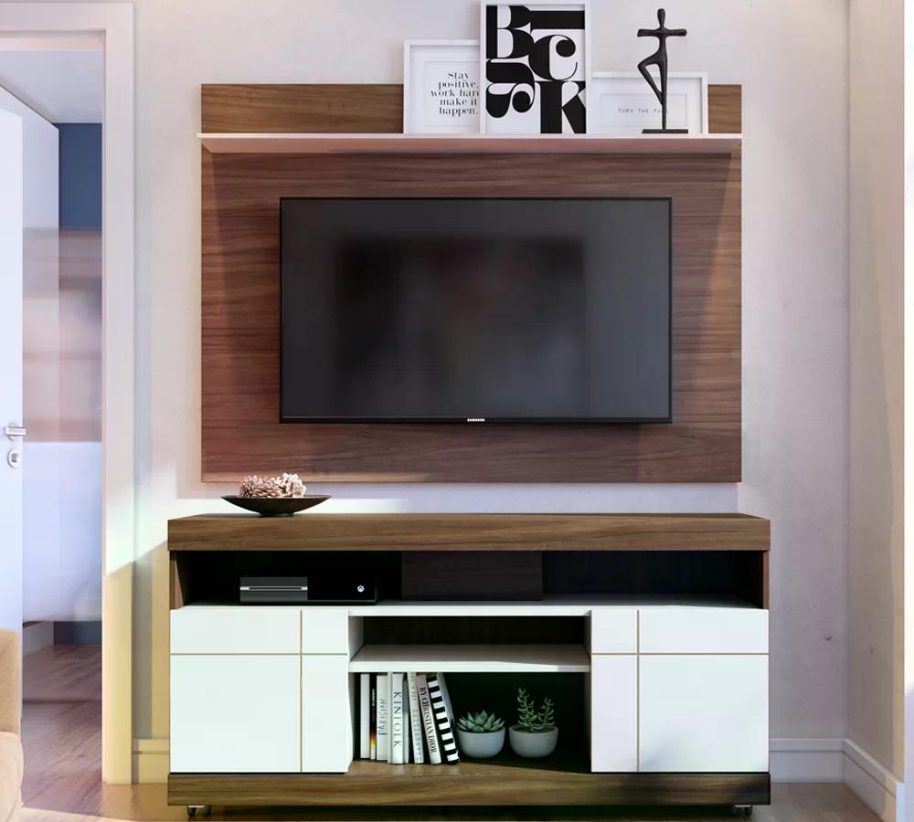 Rack Yara E Painel Maia Para TV 55 Polegadas Nogueira Real Off White CLB