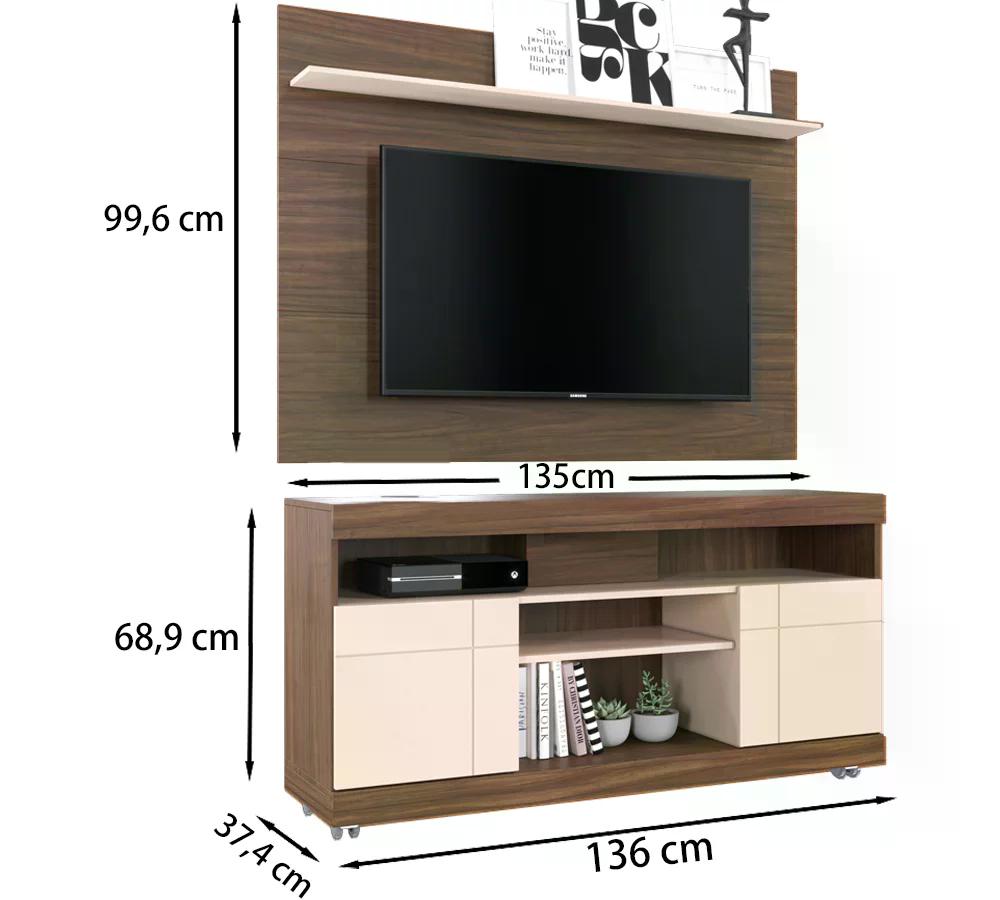 Rack Yara E Painel Maia Para TV 55 Polegadas Nogueira Real Off White CLB