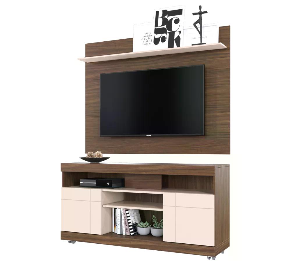 Rack Yara E Painel Maia Para TV 55 Polegadas Nogueira Real Off White CLB