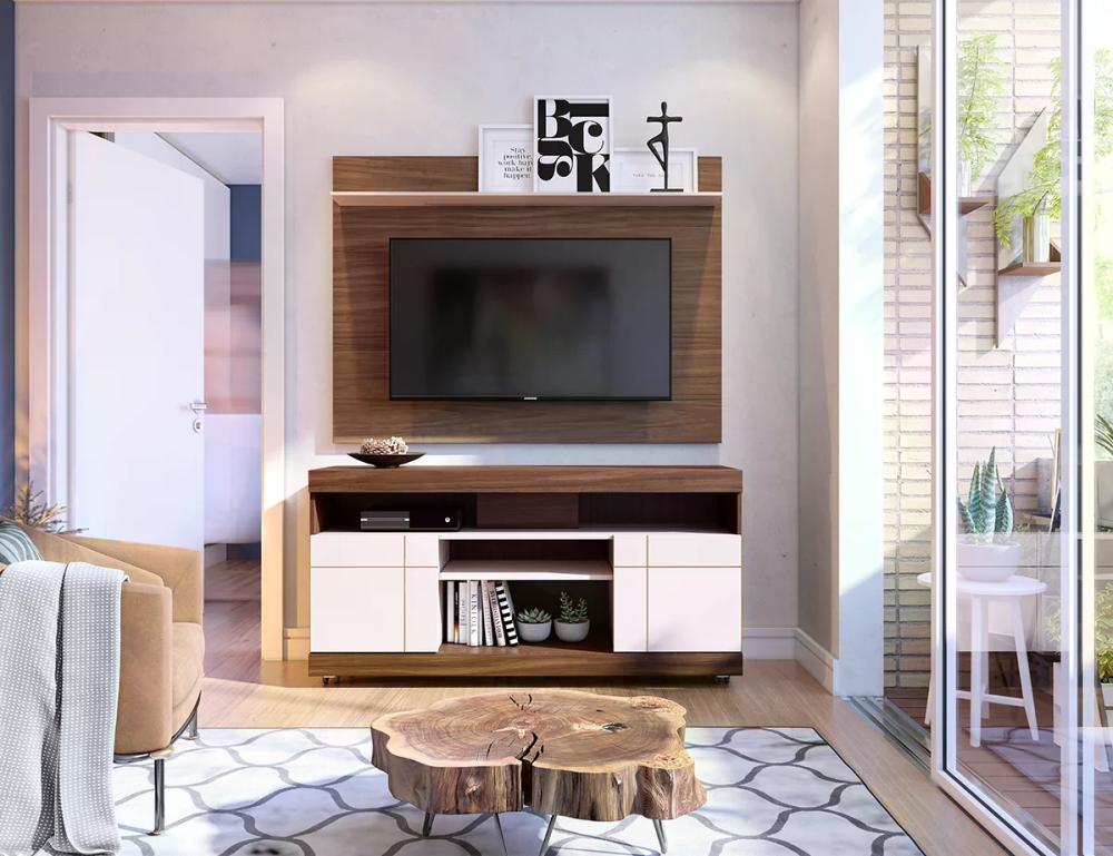 Rack Yara E Painel Maia Para TV 55 Polegadas Nogueira Real Off White CLB