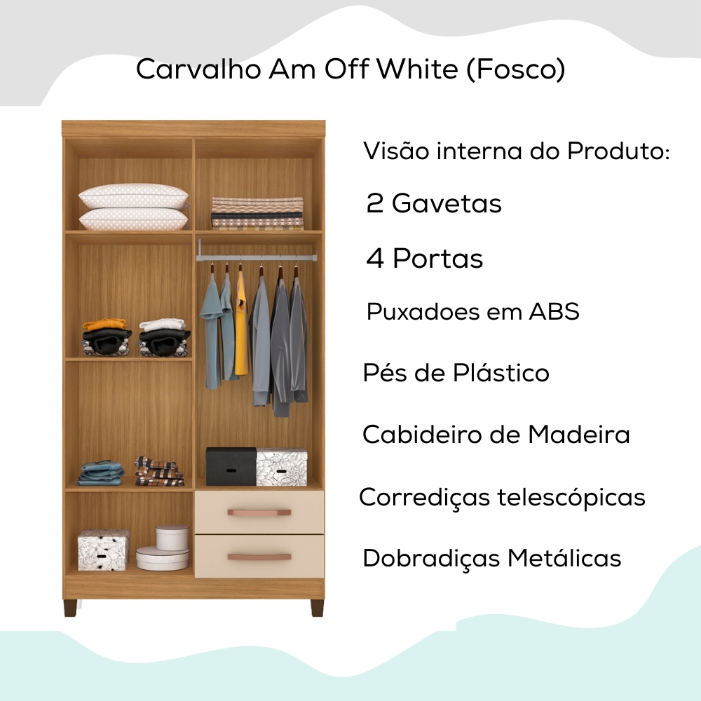 Roupeiro 4P 2G Moden 3565 100 cm Carvalho Am Off White INCP