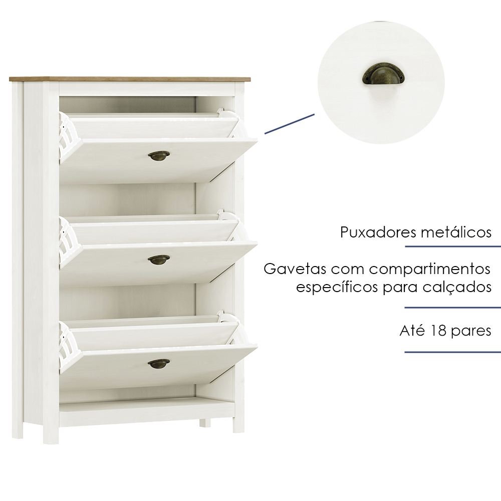 Sapateira 3 Gavetas Madeira Maciça 80 cm 9175 Branco Freijo Milani Store
