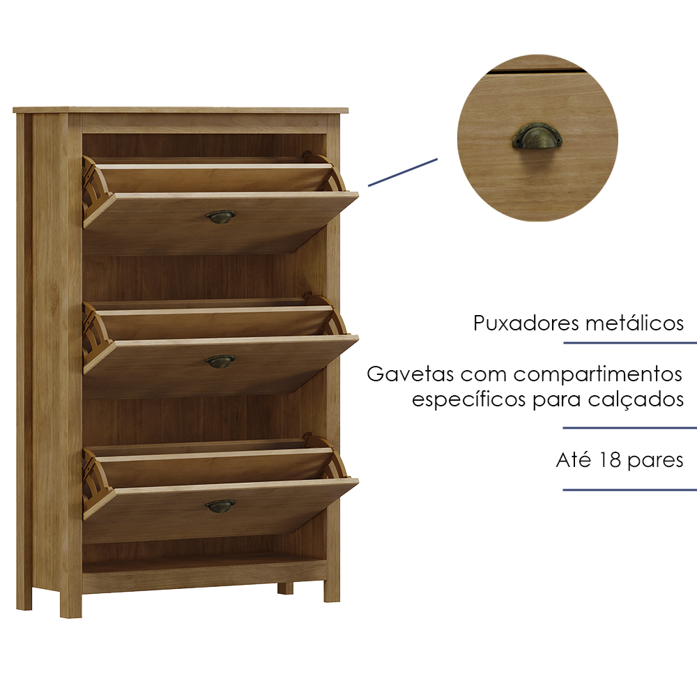 Sapateira 3 Gavetas Madeira Maciça 80 cm 9175 Freijo Milani Store
