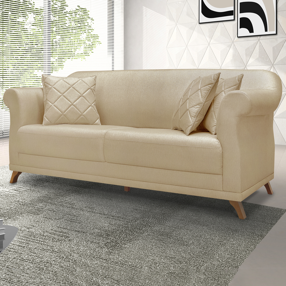 Sofa 2 Lugares Retro Polo 160cm Com Almofada Linho Dourado Ezz