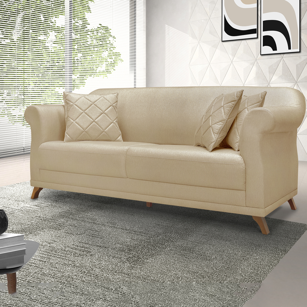 Sofa 2 Lugares Retro Polo 160cm Com Almofada Linho Dourado Ezz