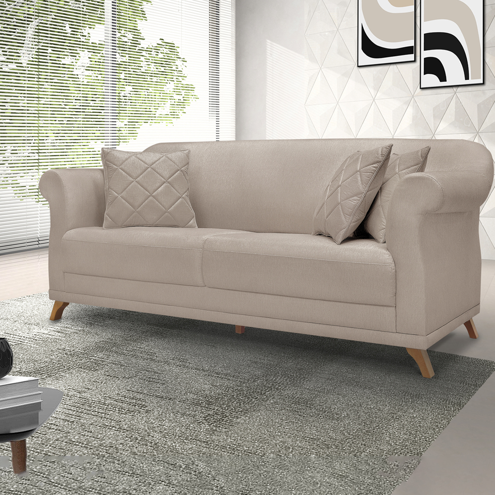 Sofa 2 Lugares Retro Polo 180cm Com Almofada Linho Areia Ezz