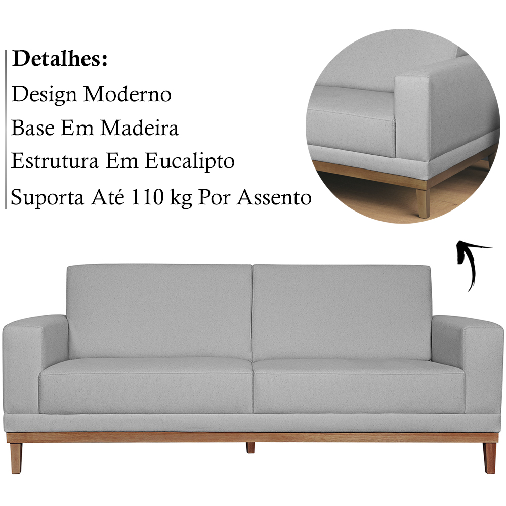 Sofa 3 Lugares 180 cm Crons Linho Cinza Vazzano
