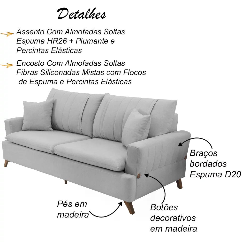 Sofa 3 Lugares 180 cm Eron Linho Cinza Vazzano