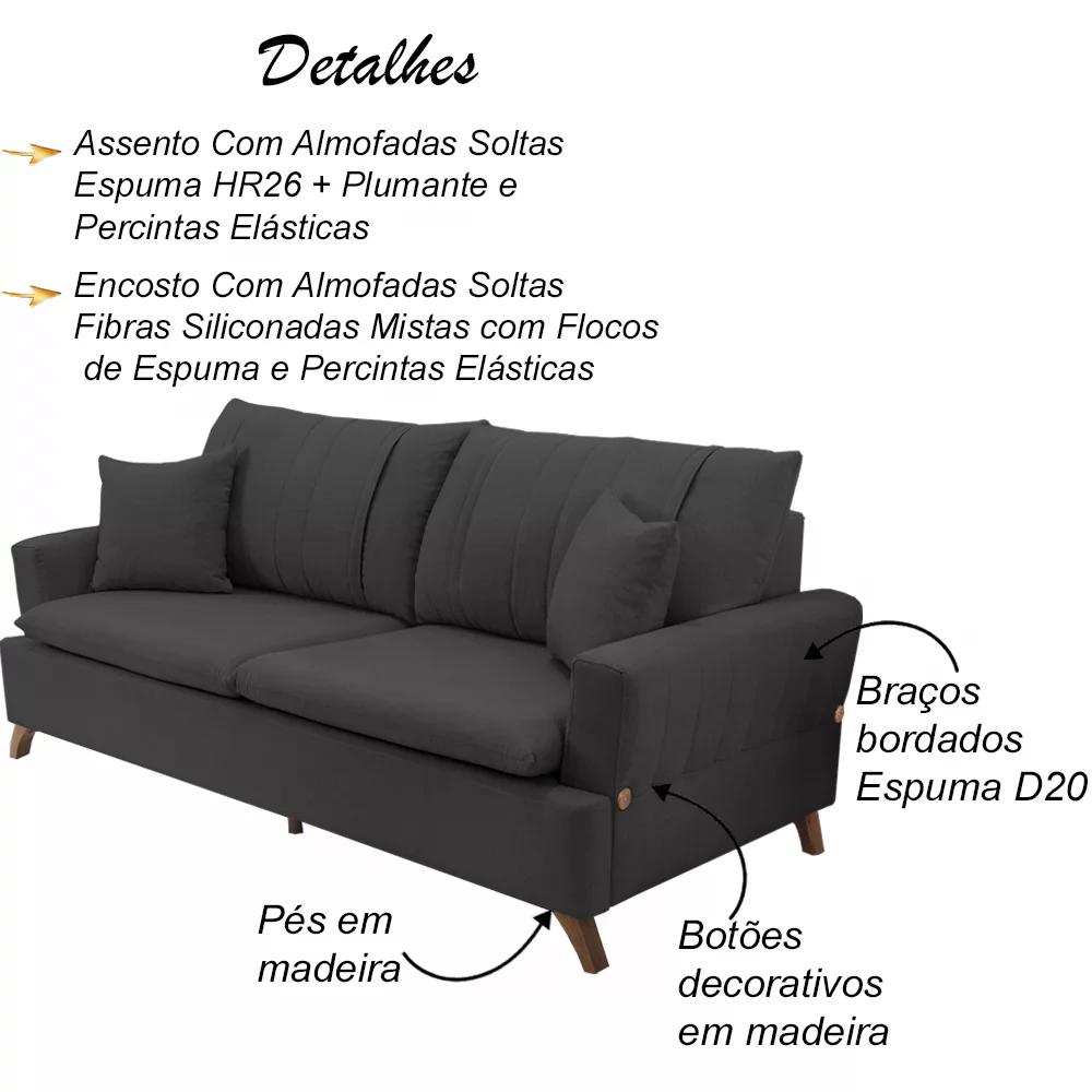 Sofa 3 Lugares 180 cm Eron Linho Grafite Vazzano