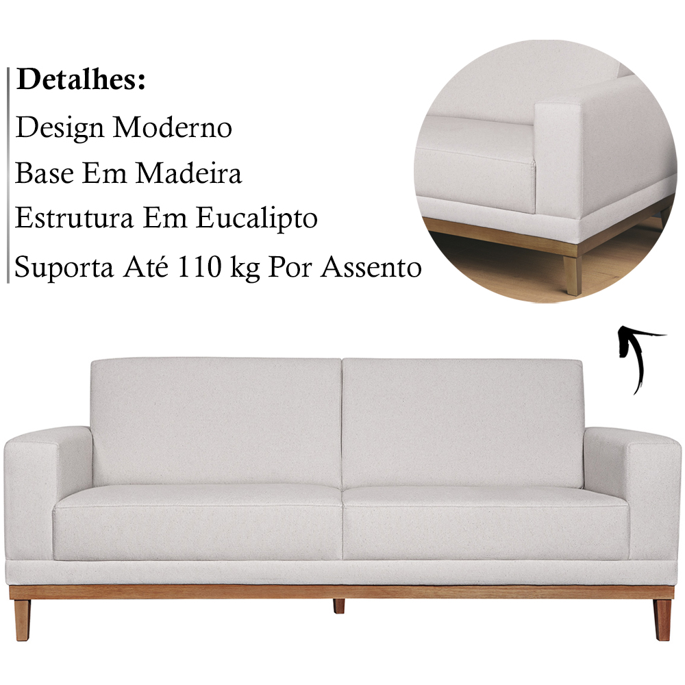 Sofa 3 Lugares 200 cm Crons Linho Bege Vazzano