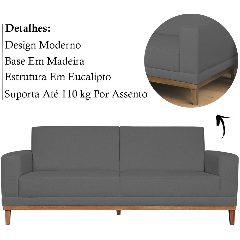 Sofa 3 Lugares 200 cm Crons Suede Cinza Vazzano