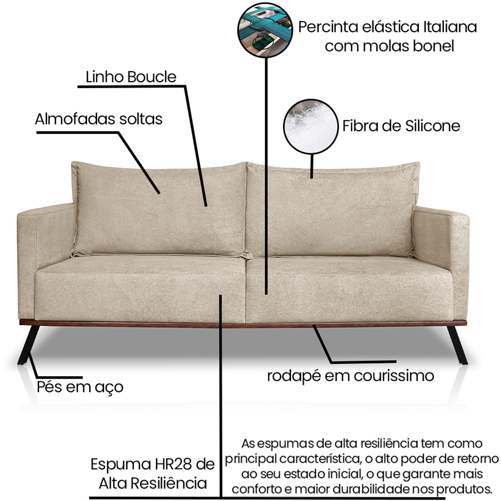 Sofa Aya 3 Lugares Para Sala De Estar 220cm Boucle 3301 Ezz