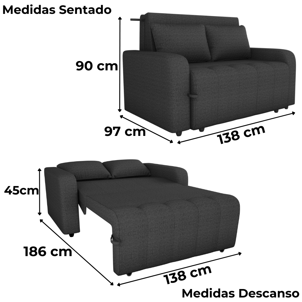 Sofa Cama 2 Lugares 138 cm Amora Linho Vancouver Chumbo Milani Store