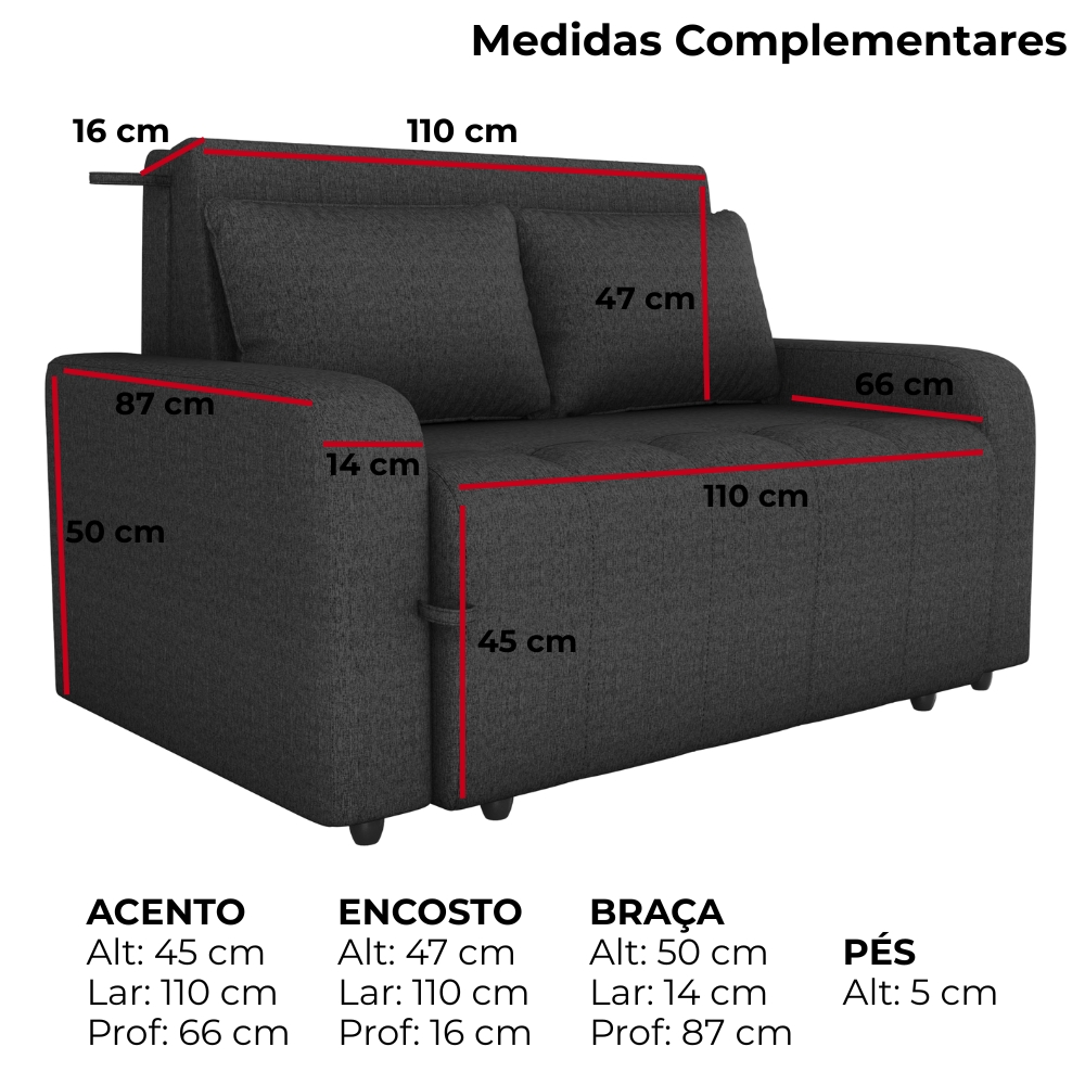 Sofa Cama 2 Lugares 138 cm Amora Linho Vancouver Chumbo Milani Store
