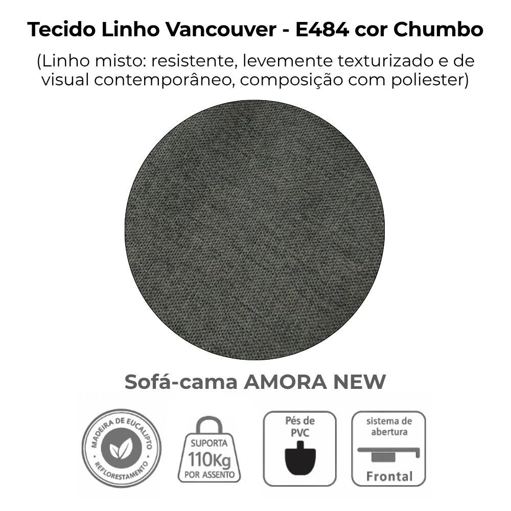 Sofa Cama 2 Lugares 138 cm Amora Linho Vancouver Chumbo Milani Store