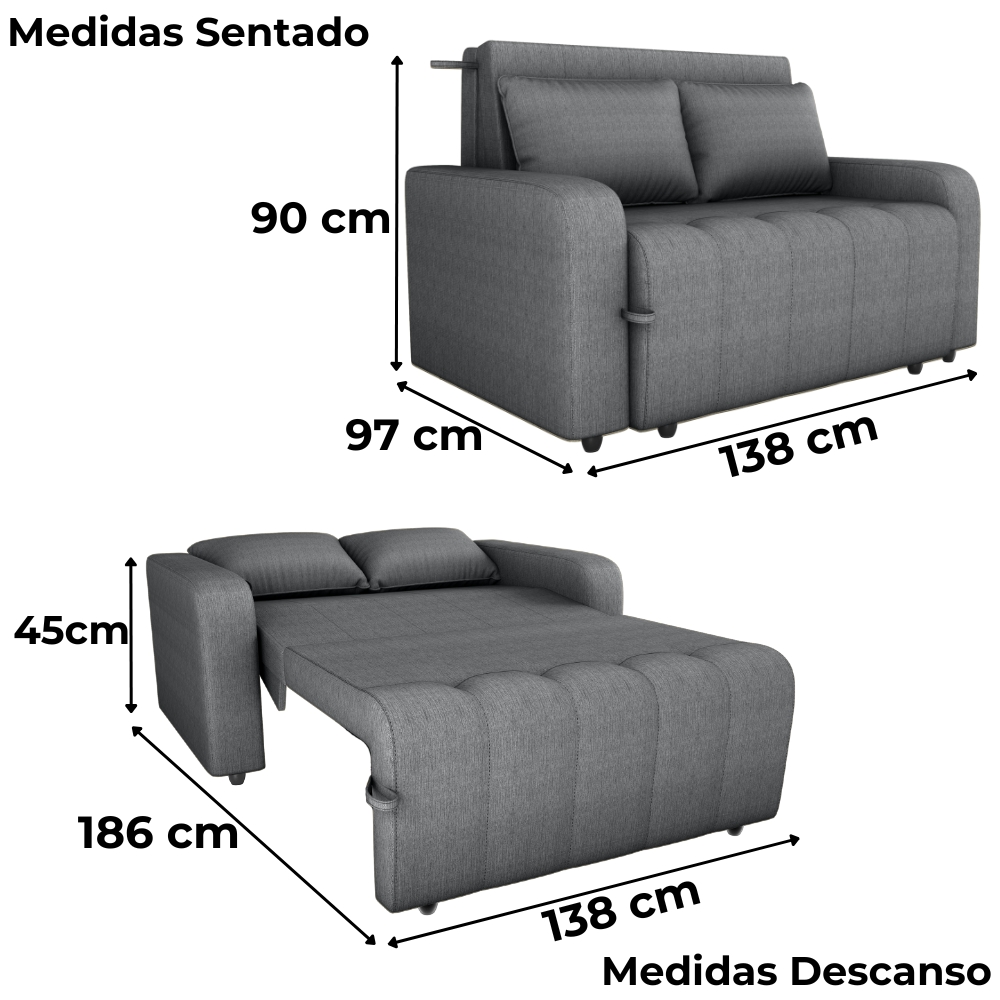 Sofa Cama 2 Lugares 138 cm Amora Linho Vancouver Cinza Milani Store