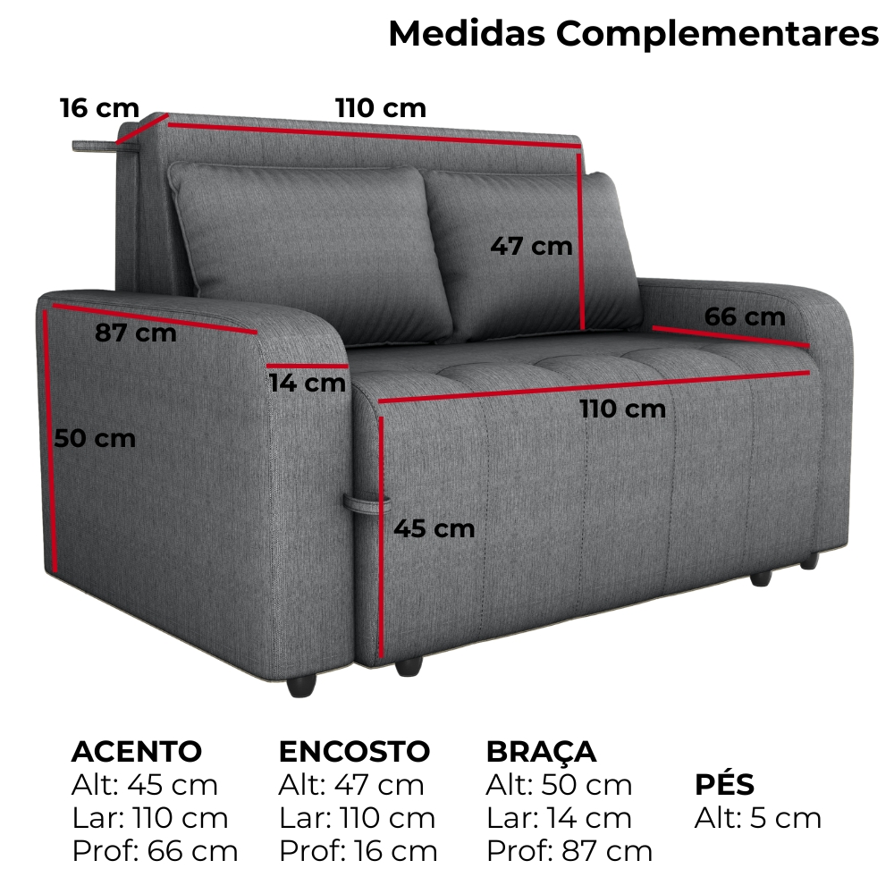 Sofa Cama 2 Lugares 138 cm Amora Linho Vancouver Cinza Milani Store