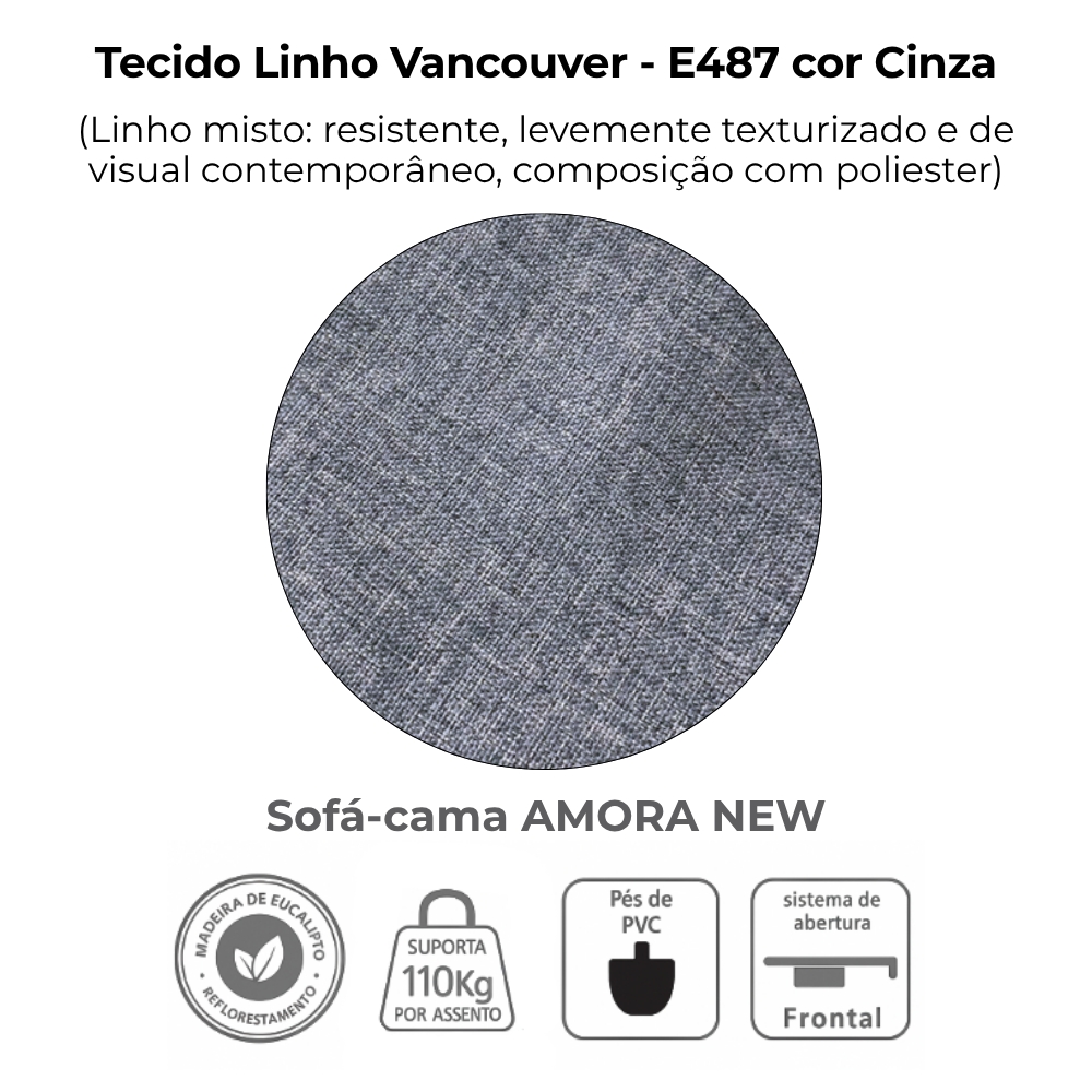 Sofa Cama 2 Lugares 138 cm Amora Linho Vancouver Cinza Milani Store