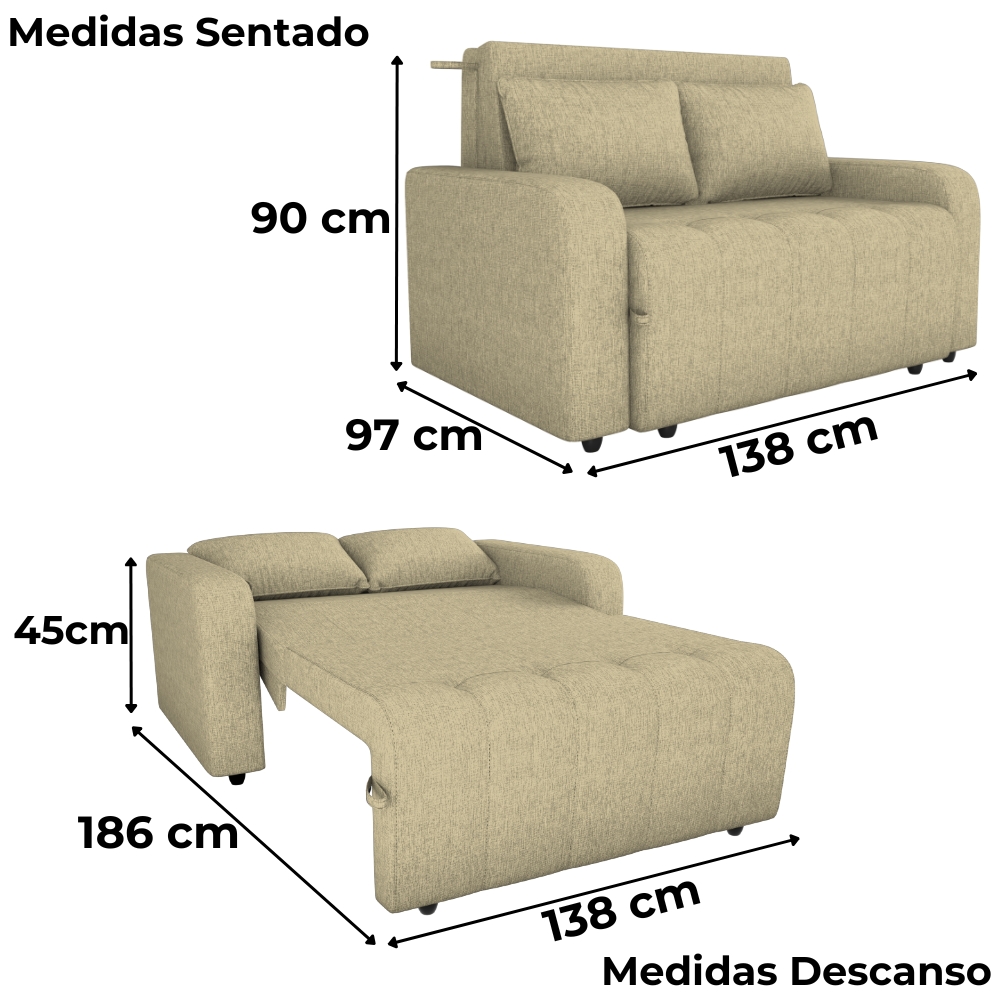 Sofa Cama 2 Lugares 138 cm Amora Linho Vancouver Palha Milani Store