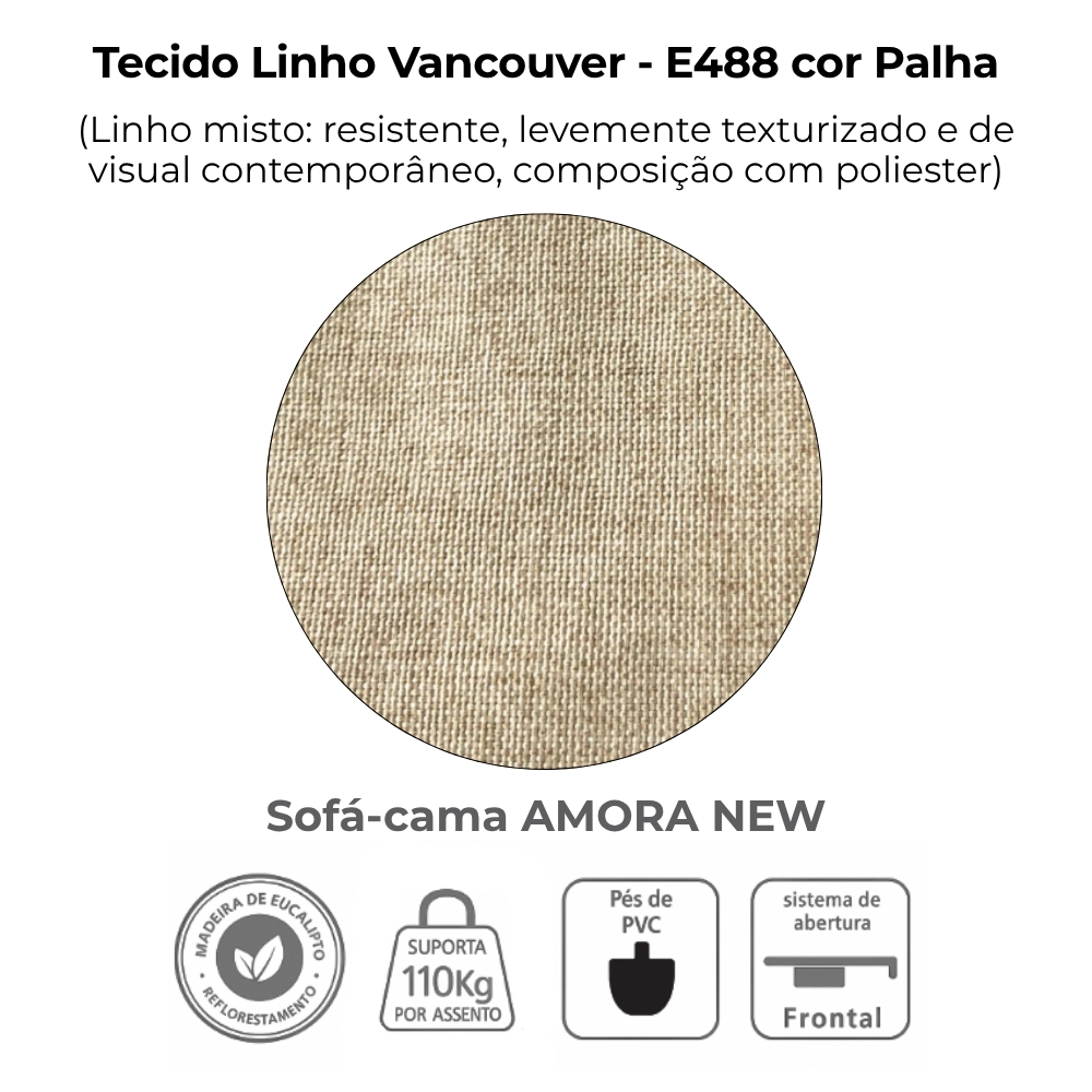 Sofa Cama 2 Lugares 138 cm Amora Linho Vancouver Palha Milani Store