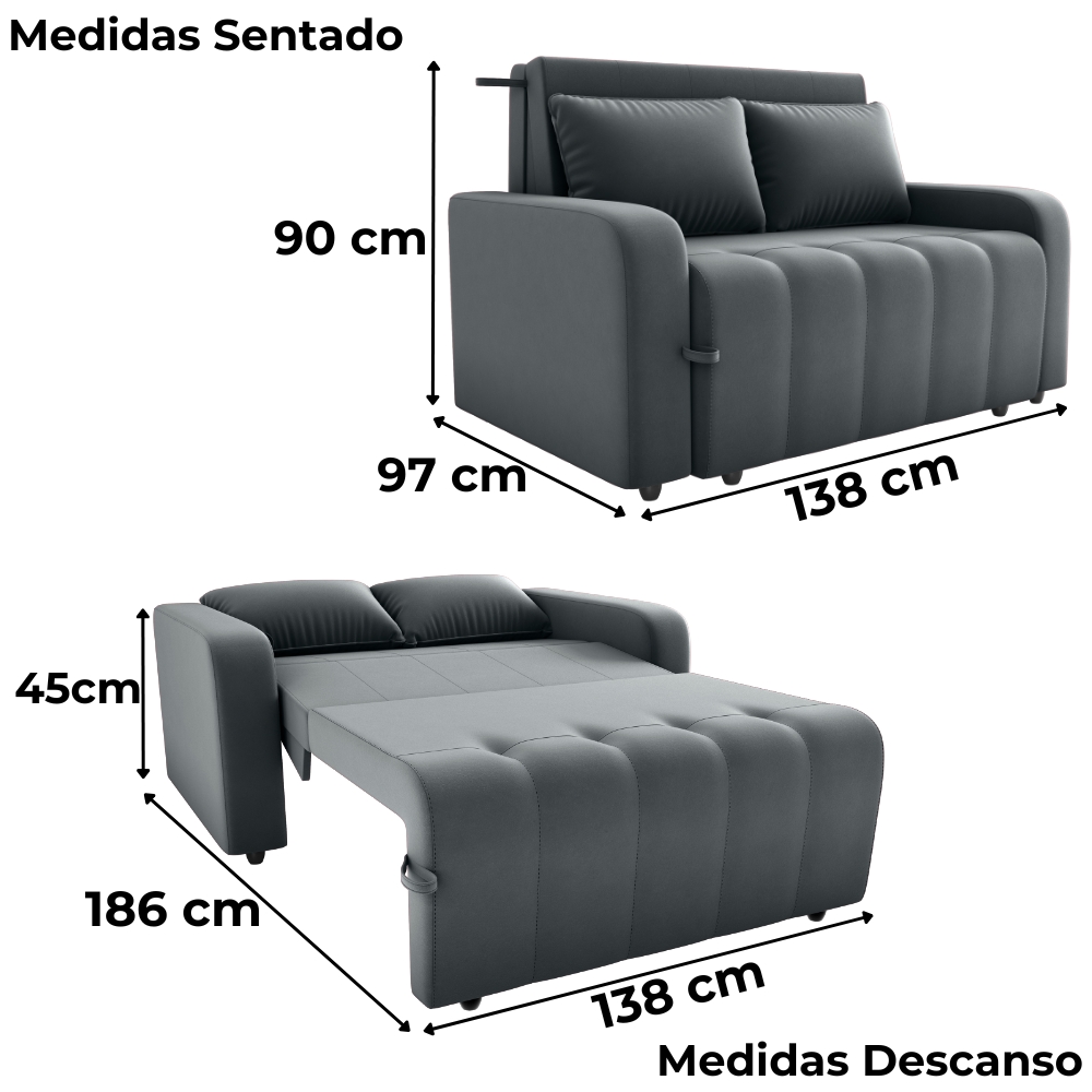 Sofa Cama 2 Lugares 138 cm Amora New Veludo E425 Cinza Milani Store