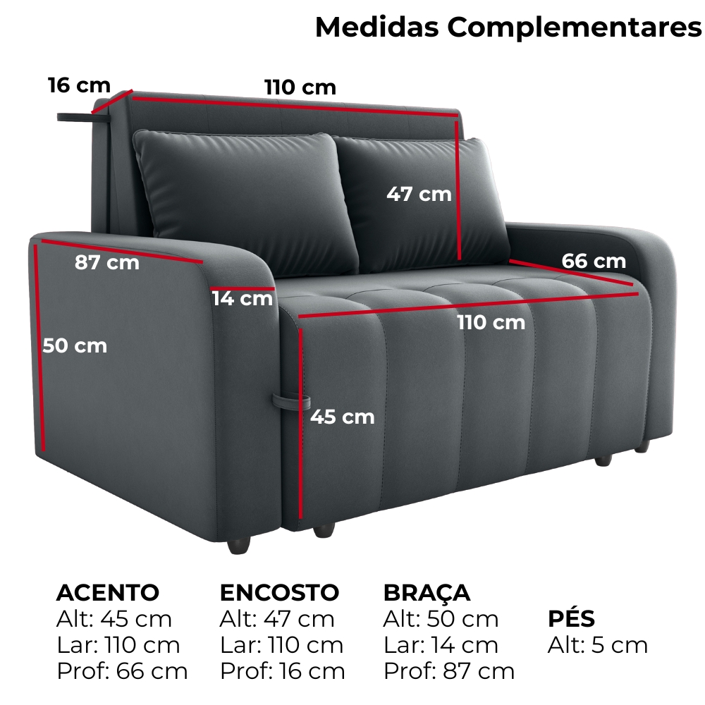 Sofa Cama 2 Lugares 138 cm Amora New Veludo E425 Cinza Milani Store