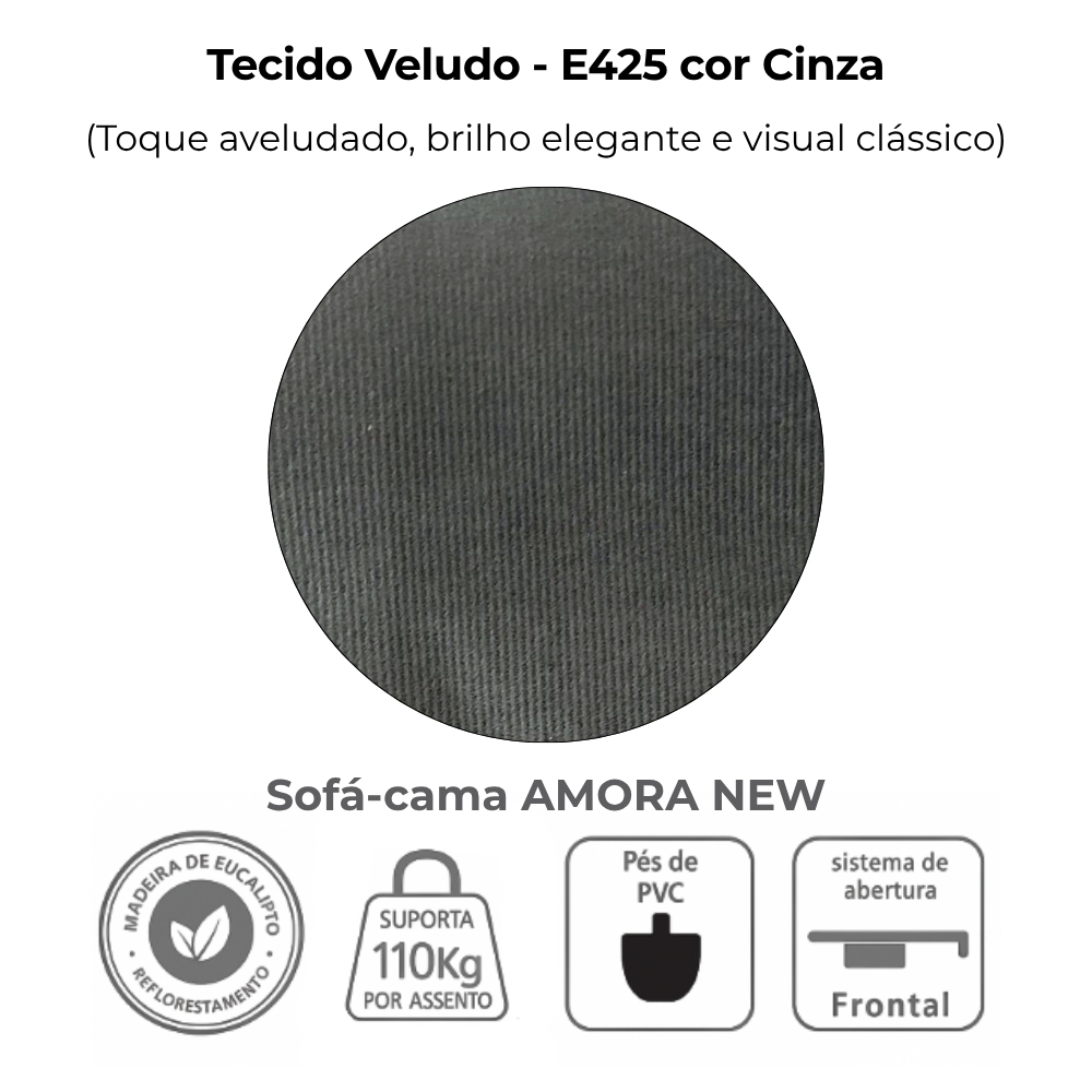 Sofa Cama 2 Lugares 138 cm Amora New Veludo E425 Cinza Milani Store