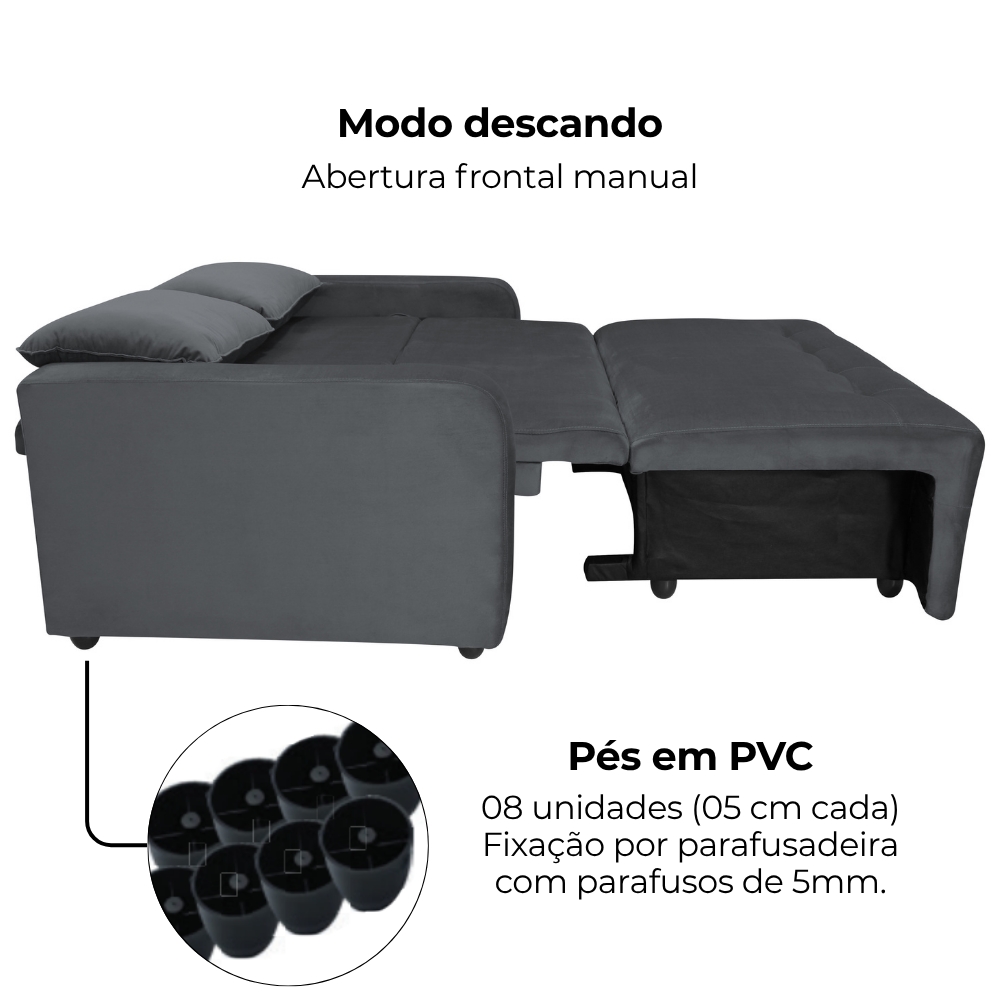 Sofa Cama 2 Lugares 138 cm Amora New Veludo E425 Cinza Milani Store