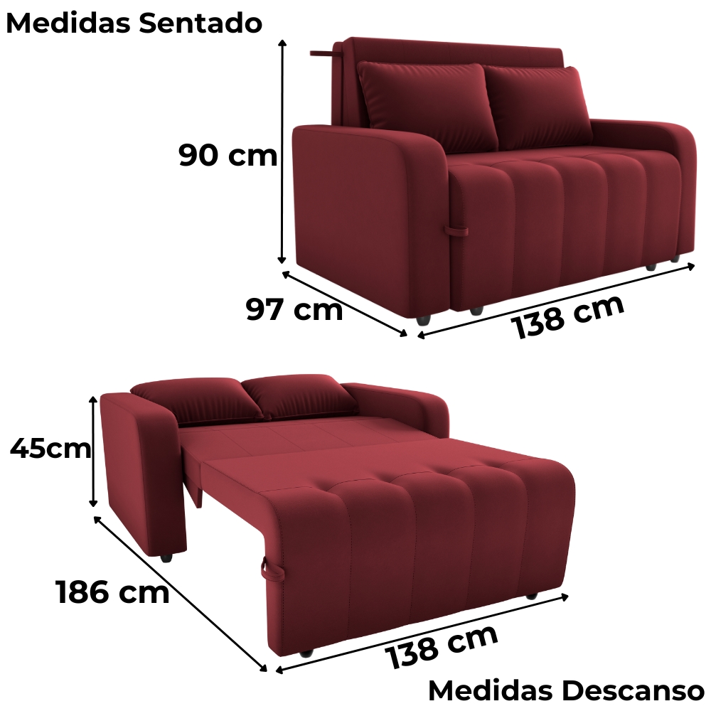 Sofa Cama 2 Lugares 138 cm Amora New Veludo E432 Vermelho Milani Store