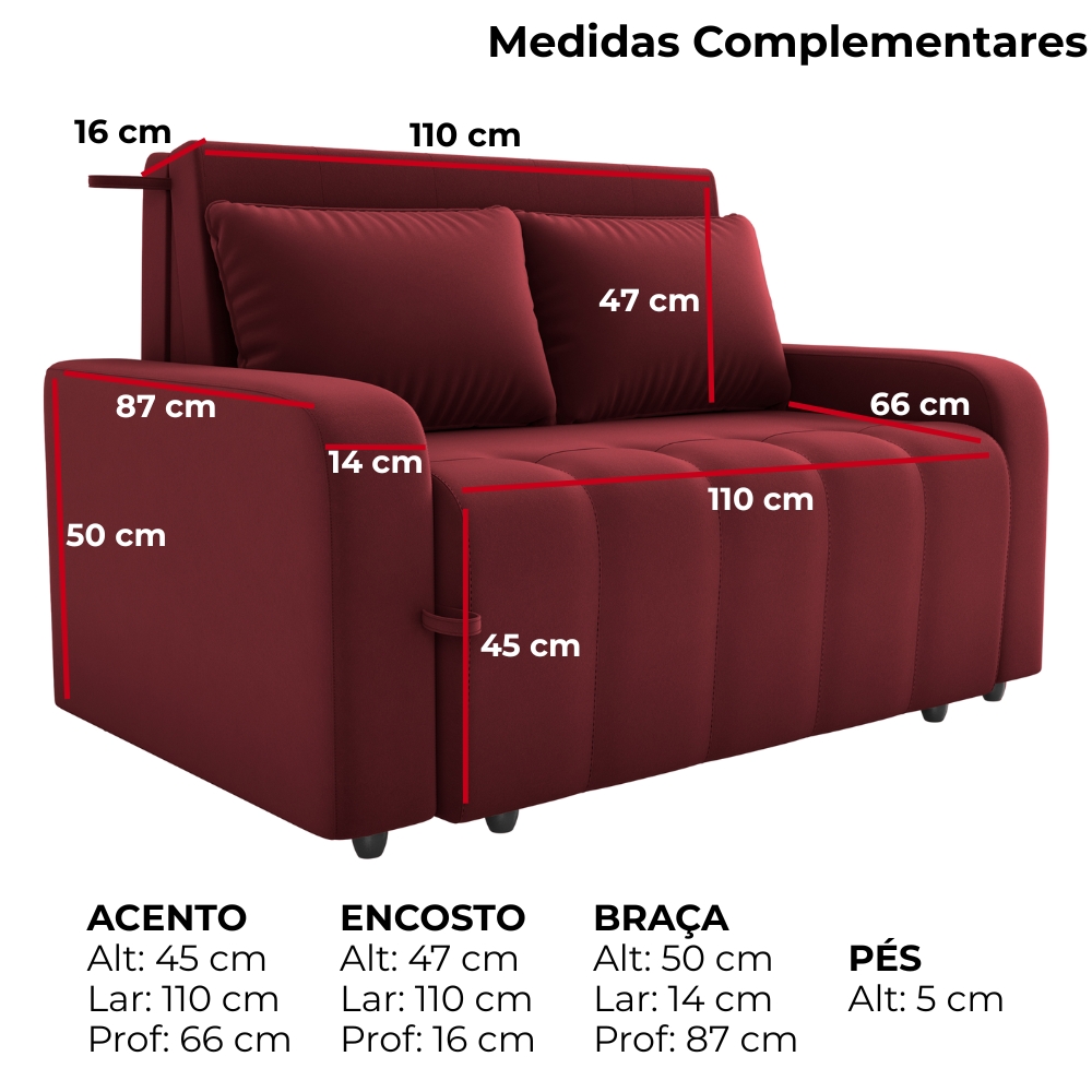 Sofa Cama 2 Lugares 138 cm Amora New Veludo E432 Vermelho Milani Store