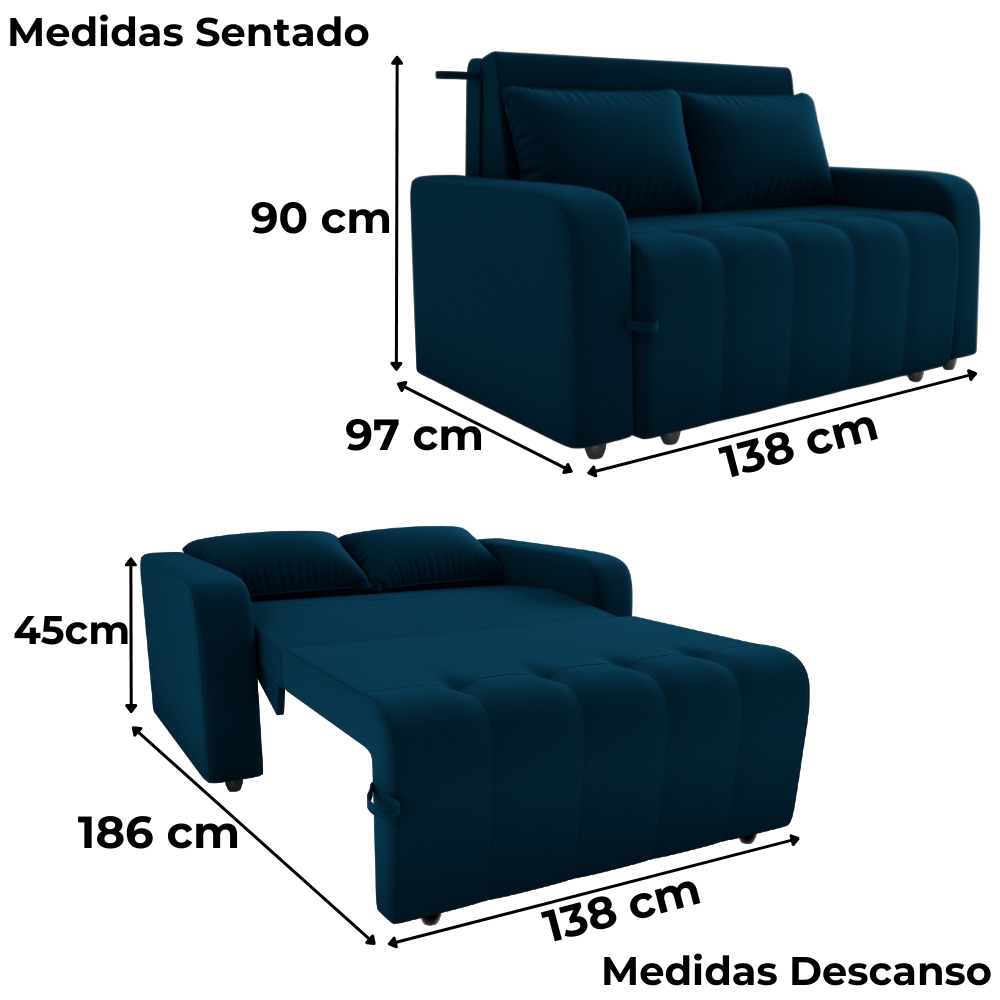 Sofa Cama 2 Lugares 138 cm Amora New Veludo E433 Azul Milani Store