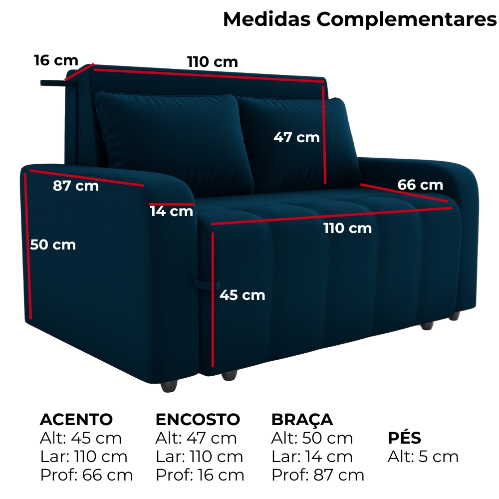 Sofa Cama 2 Lugares 138 cm Amora New Veludo E433 Azul Milani Store