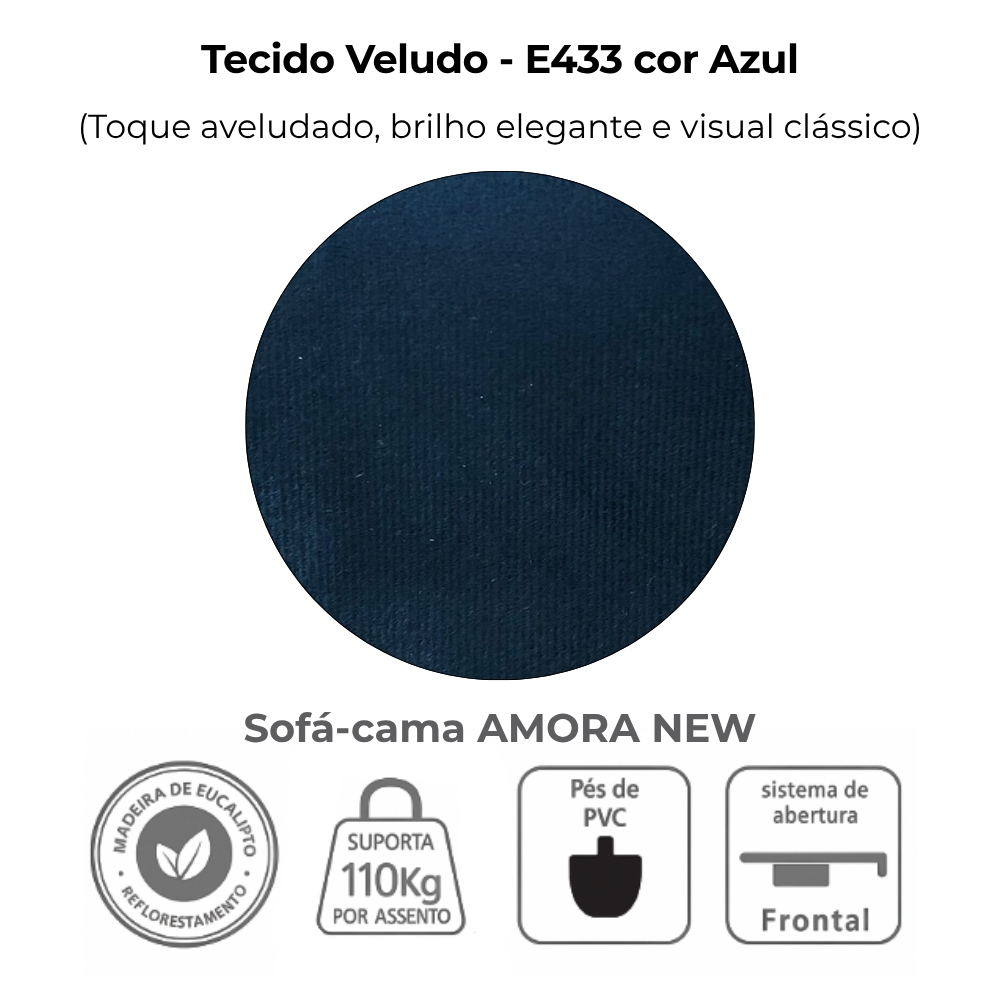 Sofa Cama 2 Lugares 138 cm Amora New Veludo E433 Azul Milani Store