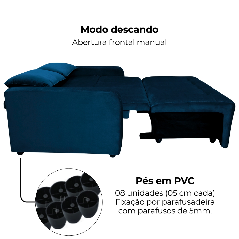 Sofa Cama 2 Lugares 138 cm Amora New Veludo E433 Azul Milani Store