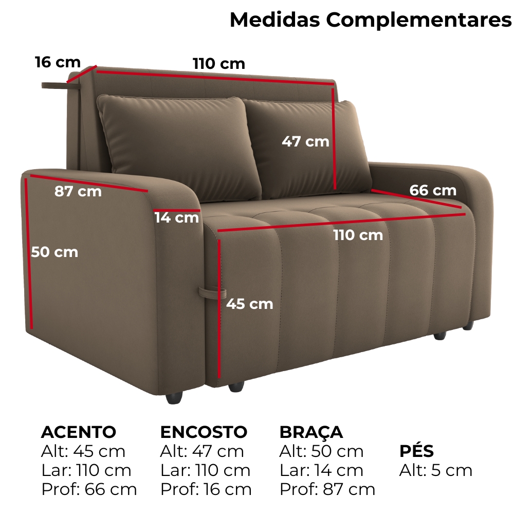 Sofa Cama 2 Lugares 138 cm Amora New Veludo E434 Marrom Claro Milani Store