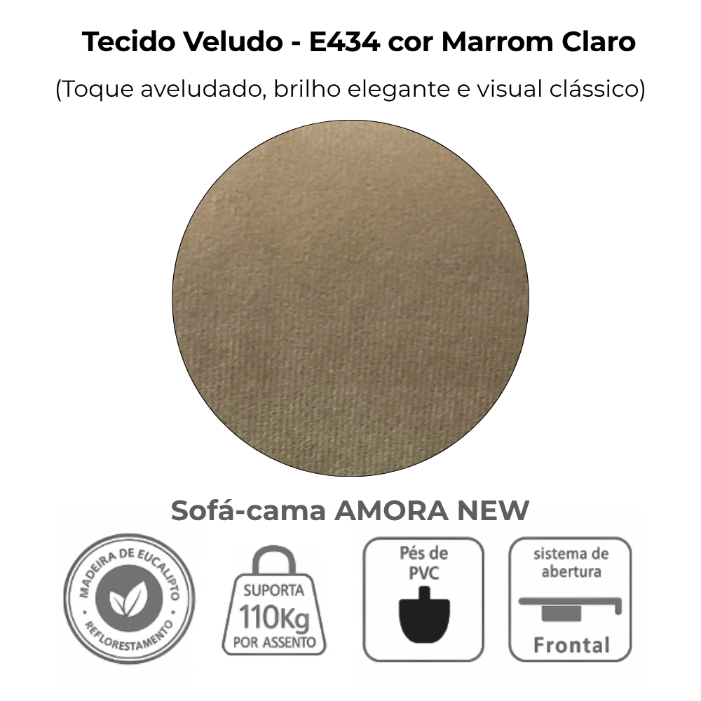 Sofa Cama 2 Lugares 138 cm Amora New Veludo E434 Marrom Claro Milani Store