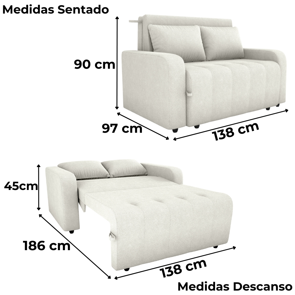Sofa Cama 2 Lugares 138 cm Amora Tecido Boucle F492 Natural Milani Store