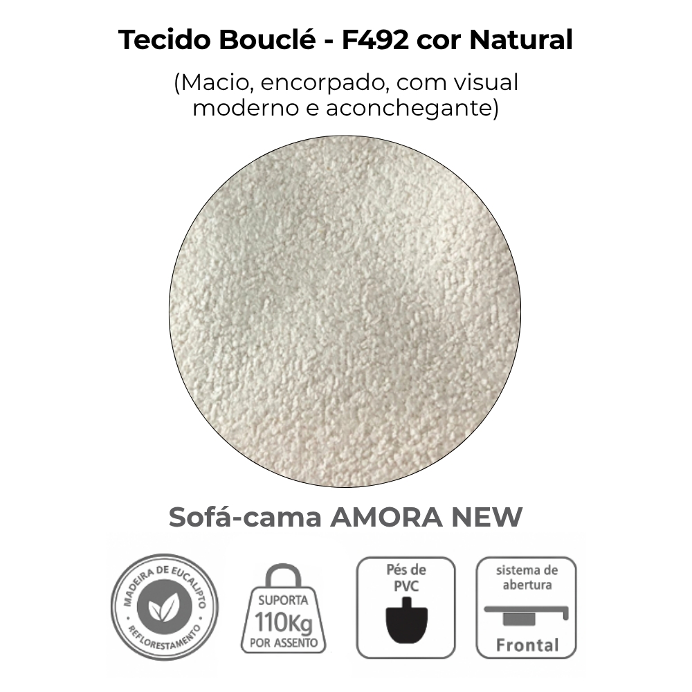 Sofa Cama 2 Lugares 138 cm Amora Tecido Boucle F492 Natural Milani Store