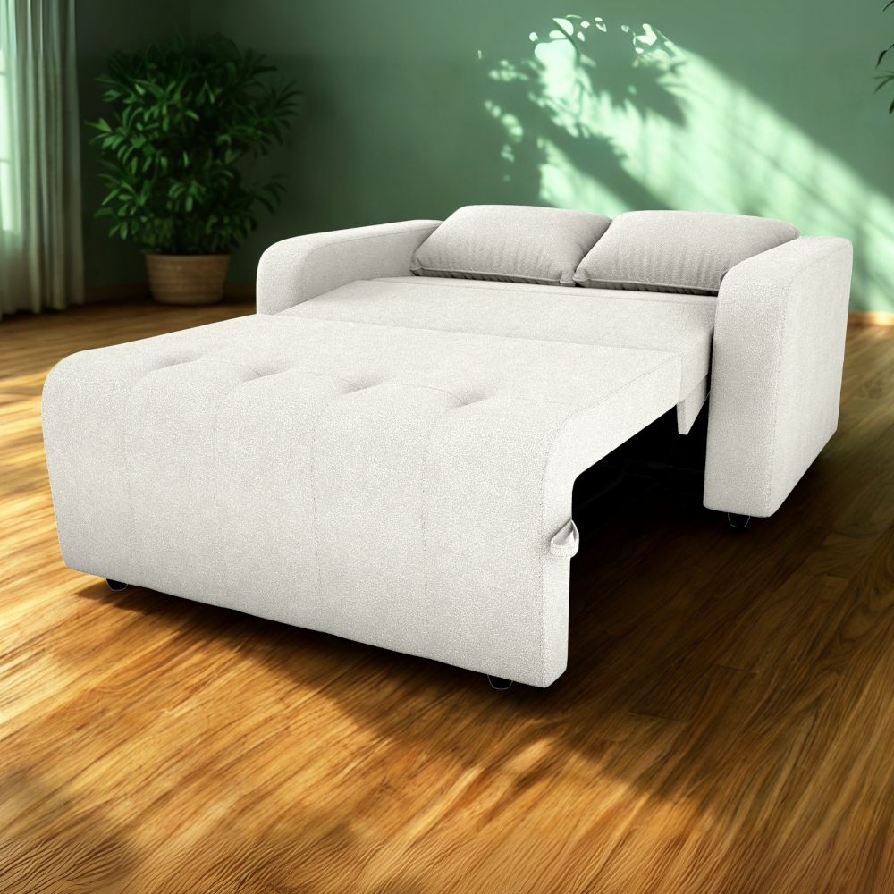 Sofa Cama 2 Lugares 138 cm Amora Tecido Boucle F492 Natural Milani Store