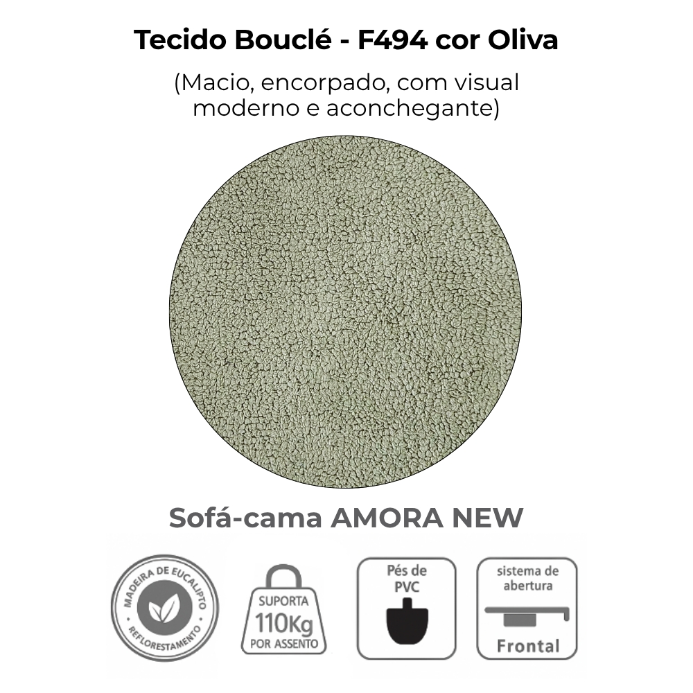 Sofa Cama 2 Lugares 138 cm Amora Tecido Boucle F494 Oliva Milani Store