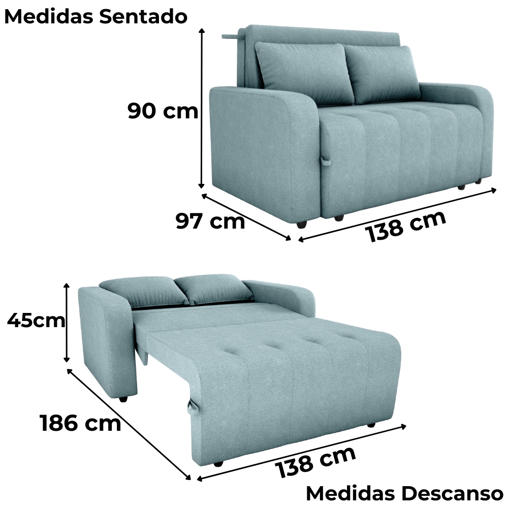 Sofa Cama 2 Lugares 138 cm Amora Tecido Boucle F495 Azul Milani Store