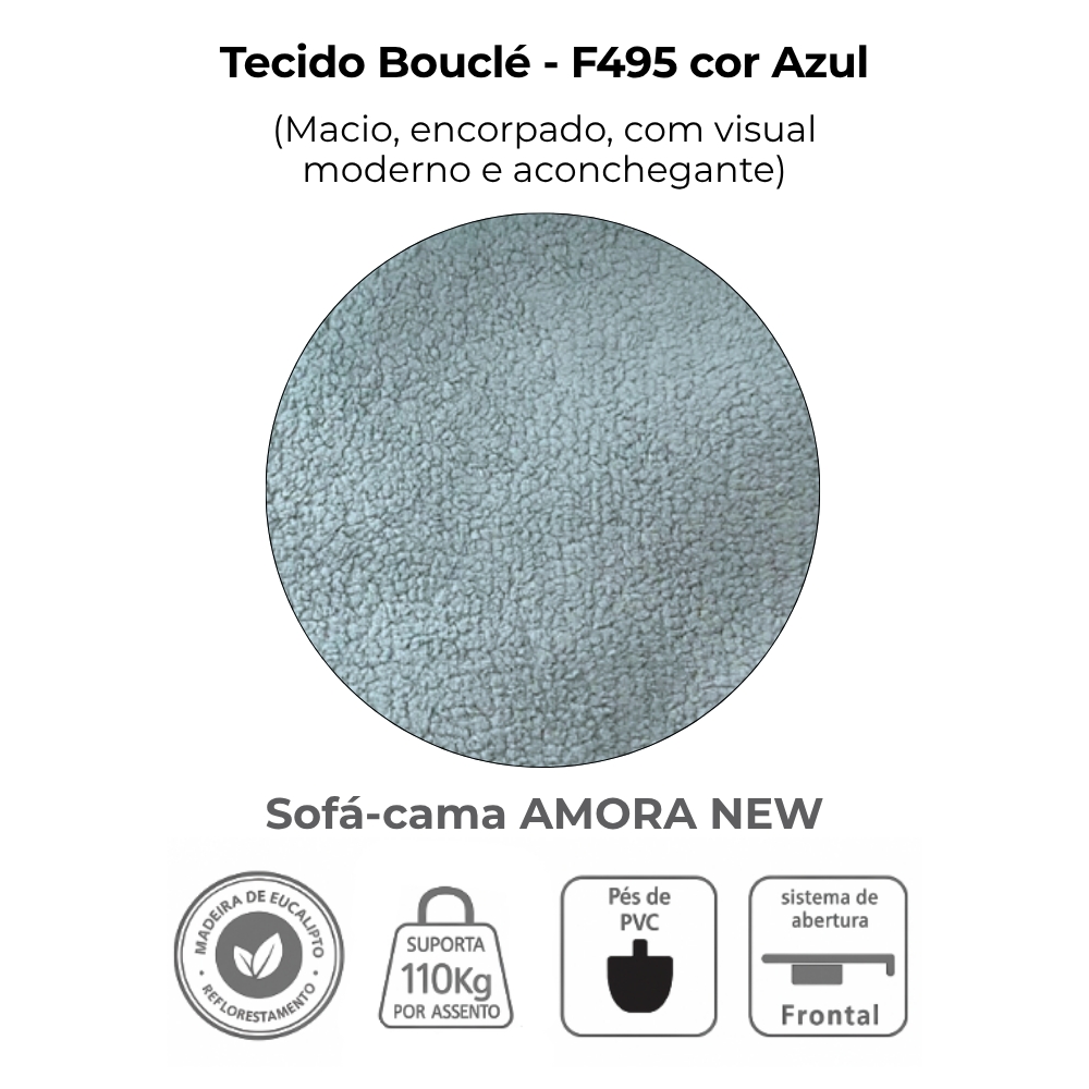 Sofa Cama 2 Lugares 138 cm Amora Tecido Boucle F495 Azul Milani Store