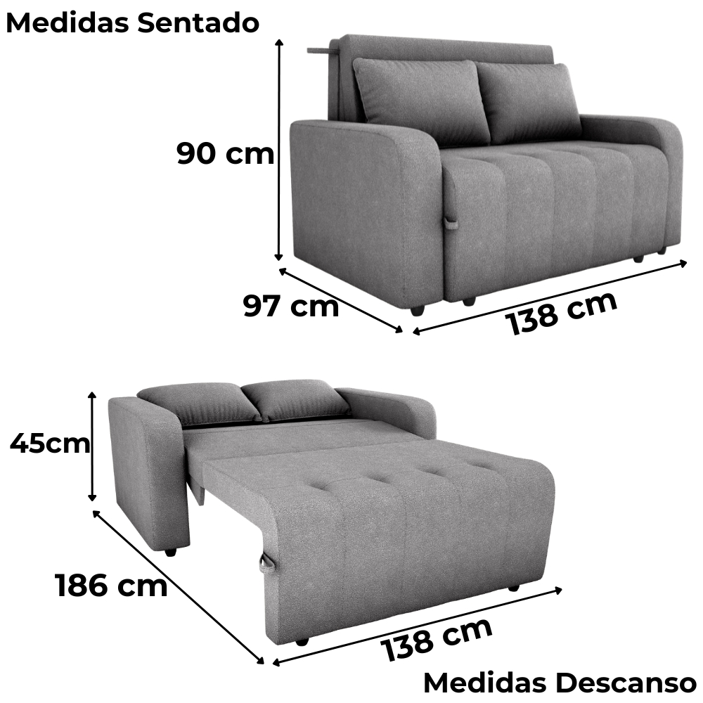 Sofa Cama 2 Lugares 138 cm Amora Tecido Boucle F497 Cinza Milani Store