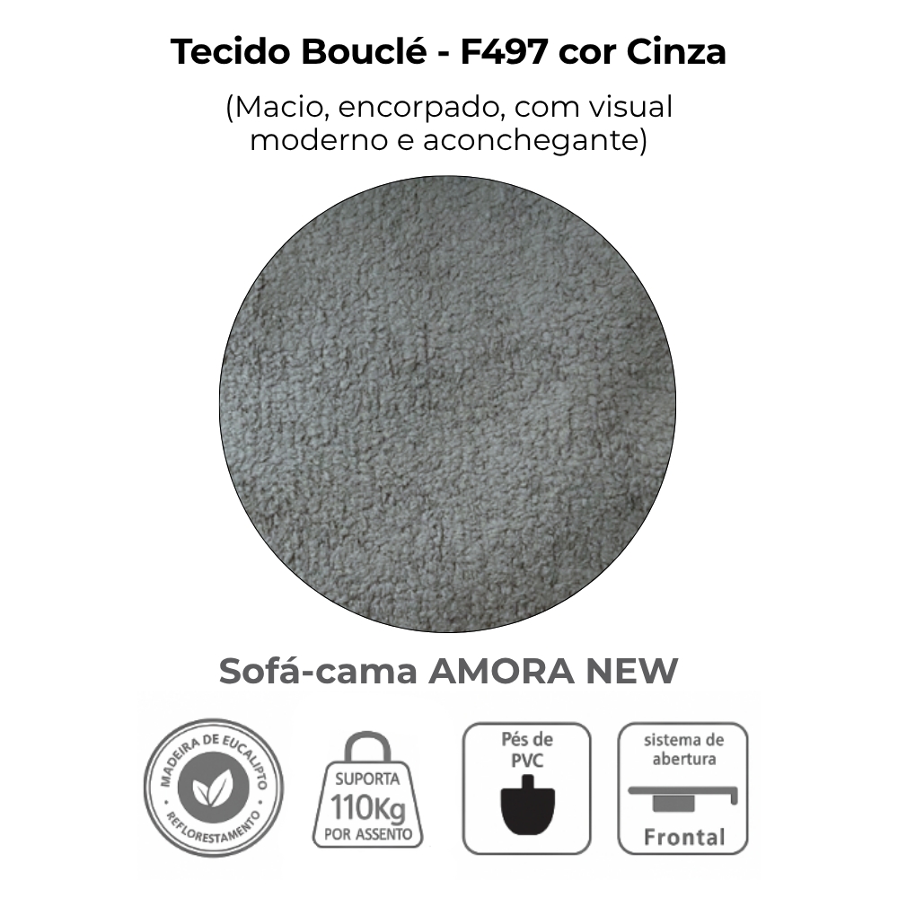 Sofa Cama 2 Lugares 138 cm Amora Tecido Boucle F497 Cinza Milani Store