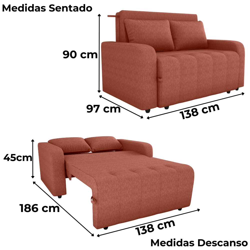 Sofa Cama 2 Lugares 138 cm Amora Tecido Pompeia G500 Terracota Milani Store