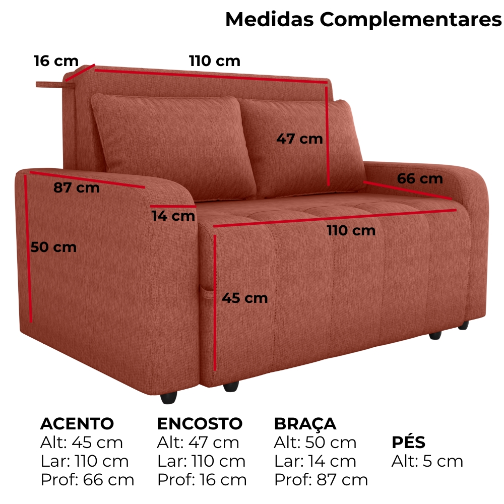 Sofa Cama 2 Lugares 138 cm Amora Tecido Pompeia G500 Terracota Milani Store