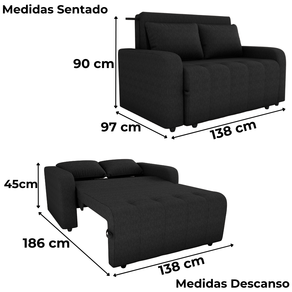 Sofa Cama 2 Lugares 138 cm Amora Tecido Pompeia G501 Chumbo Milani Store