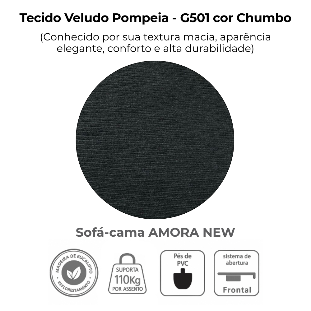 Sofa Cama 2 Lugares 138 cm Amora Tecido Pompeia G501 Chumbo Milani Store