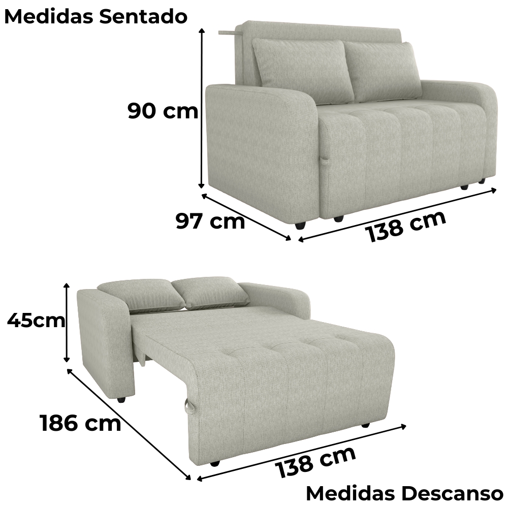 Sofa Cama 2 Lugares 138 cm Amora Tecido Pompeia G504 Bege Milani Store